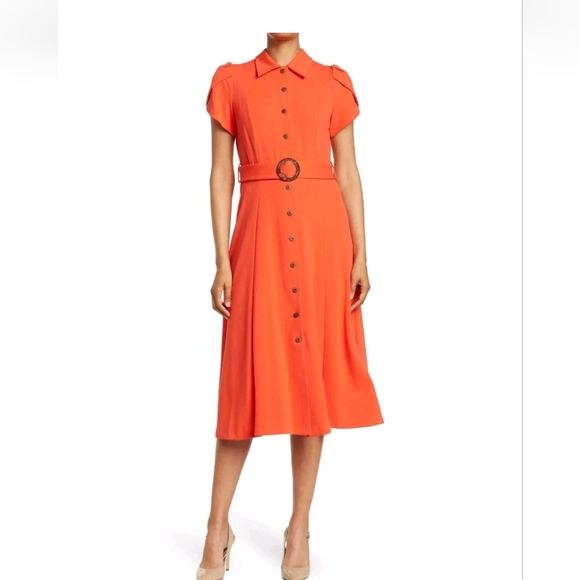 NWOT Calvin Klein Tulip Sleeve Belted Midi Dress Size 6 - Picture 1 of 7